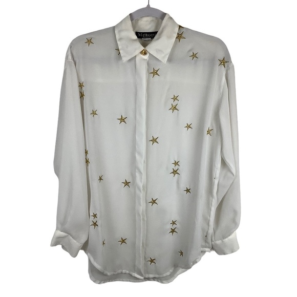 Melbourne Classix Women Size Small Sheer Button Up Embroidered Gold Star Blouse - Picture 1 of 5